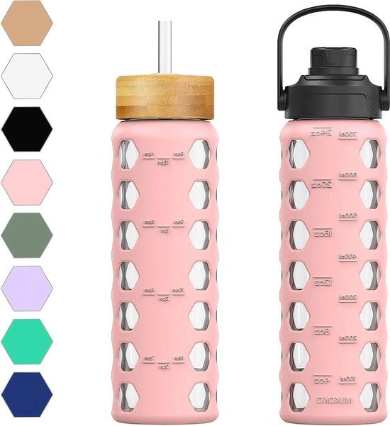 Bottiglia di vetro da acqua 700 ml con coperchio di canna con manico e guanto di silicone con indicatore di livello dell'acqua BPA-free rosa