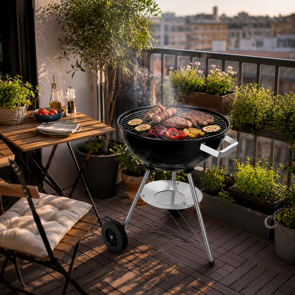 Barbecue A Carbone Con Coperchio Ventilazione Regolabile Griglia Cromata In Acciaio Ruote Trasporto Facile Montaggio Veloce Giardino Campeggio Terrazza 51 x 46.5 x 78 Cm Nero
