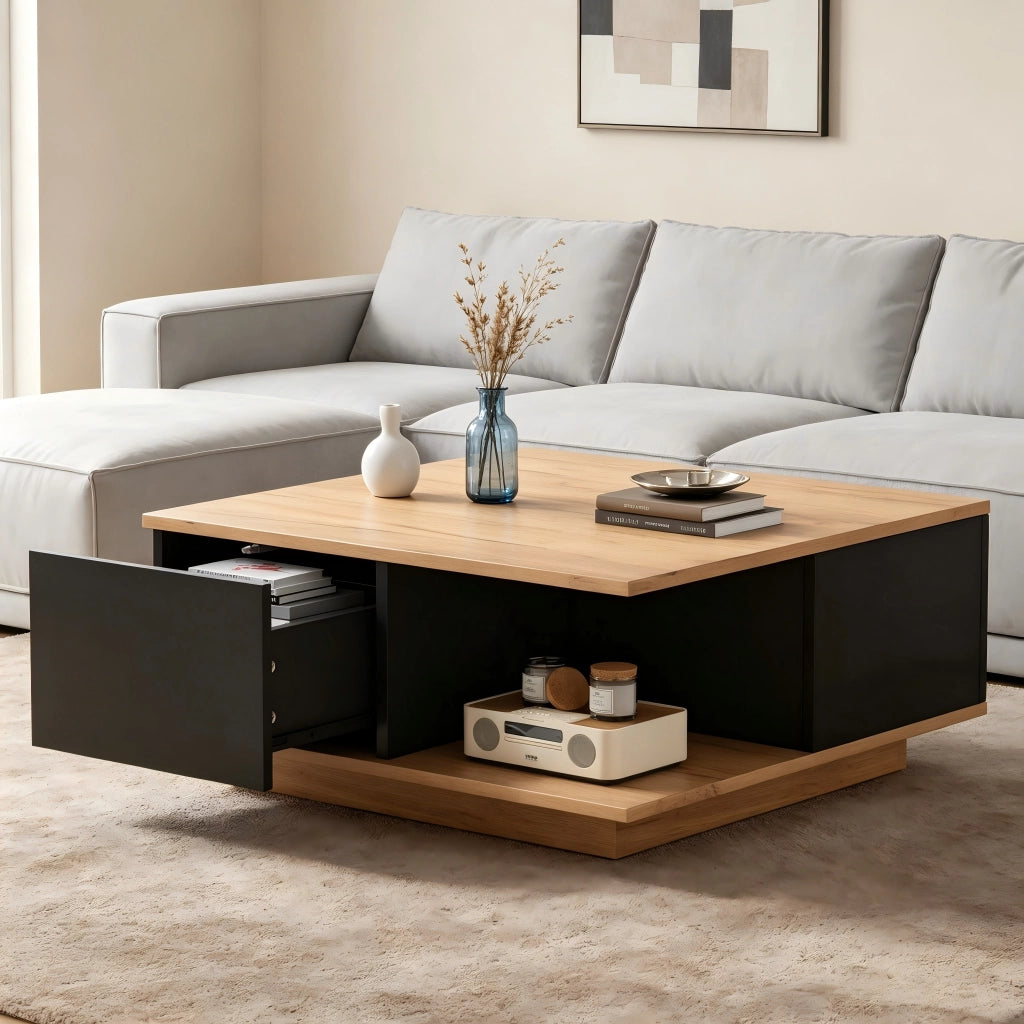 Tavolino basso quadrato con 3 cassetti e vano aperto, finitura lucida, per soggiorno, nero e legno, 70 × 70 × 31,5 cm
