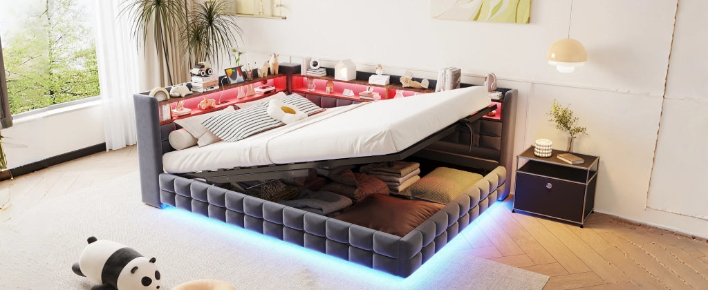 Divano letto multifunzionale in velluto grigio scuro 140x200 vano ripiano LED USB