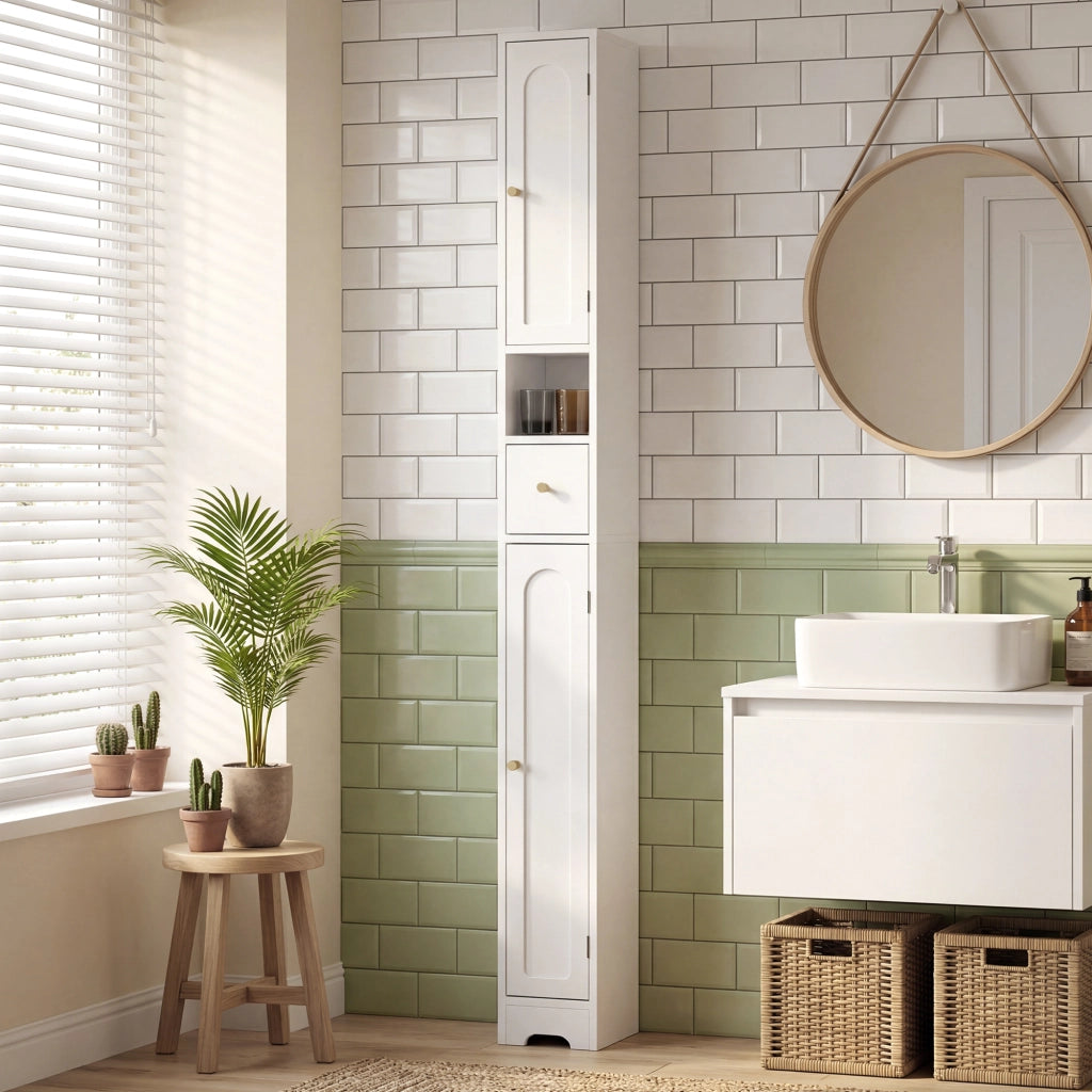 Armadietto Bagno Stretto con Cassetto Ante Curve Ripiano Regolabile ¨C Zephmum ¨C 20x20x185 cm Bianco