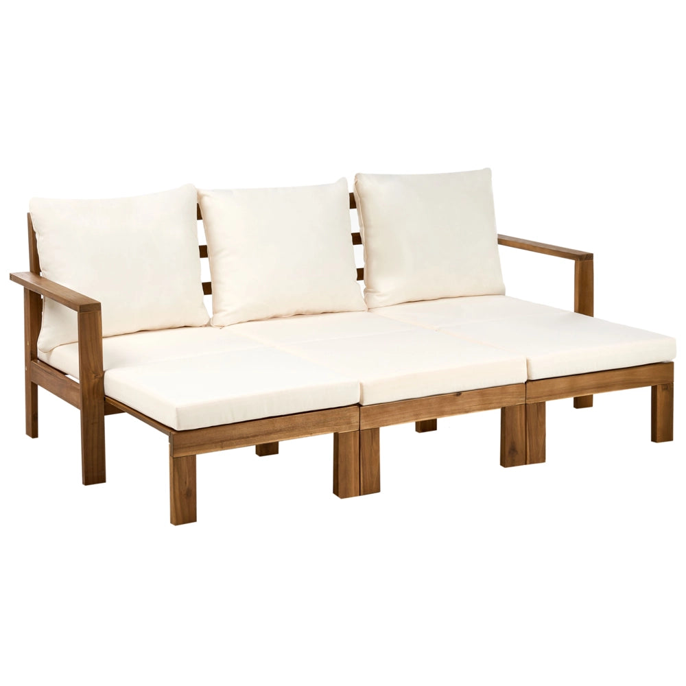 Panca da giardino in legno d'acacia 190 cm trasformabile per esterni con cuscini beige chiaro stile moderno