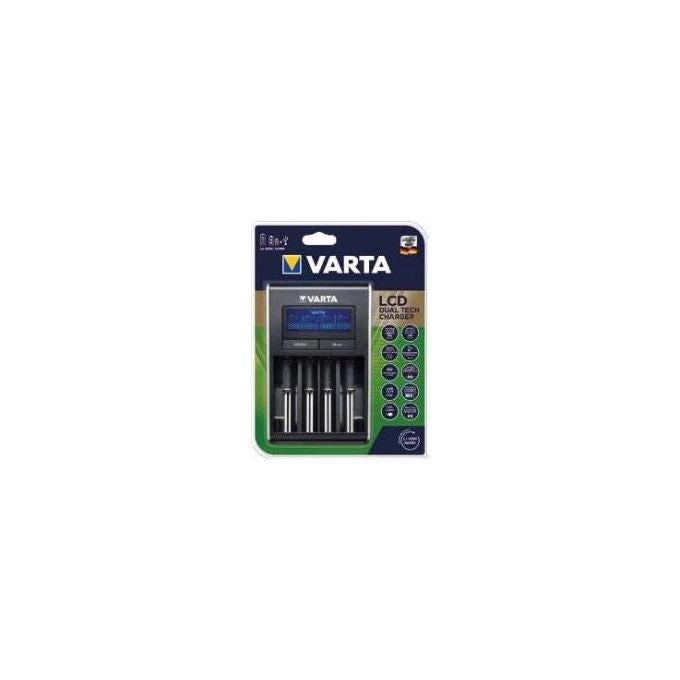 VARTA 57676101401 LCD Dual Tech Charger per Batterie Ni-MH AA AAA e Li-Ion 18650 14500 10440 con Display LCD e Uscita USB 5V 1A colore Nero