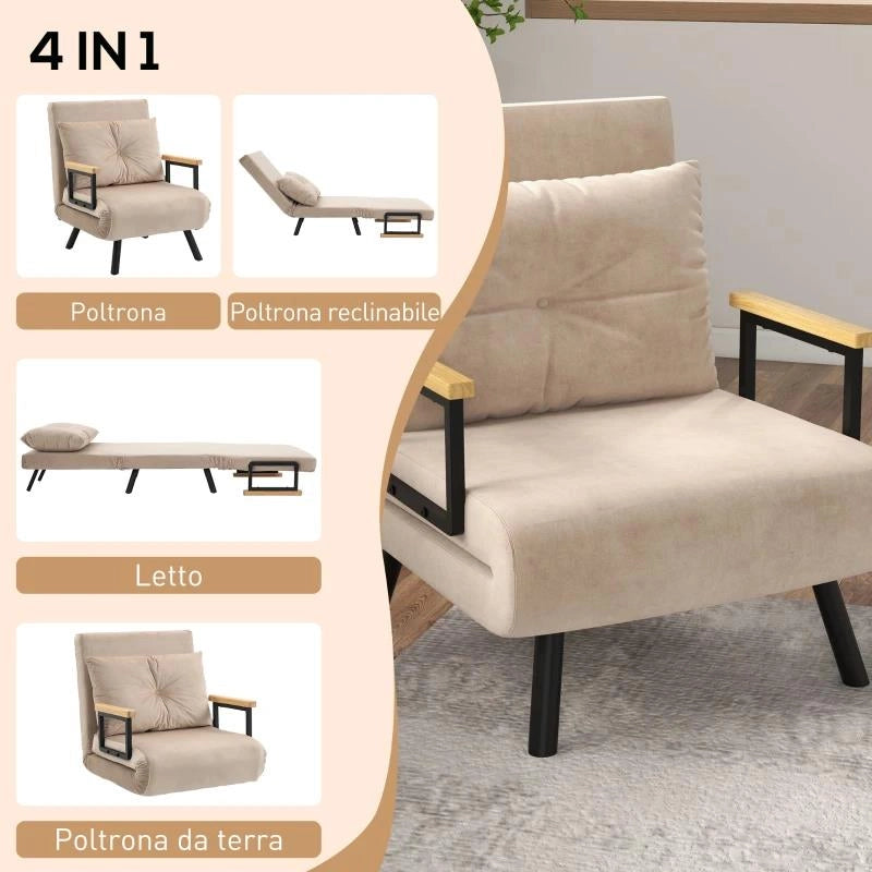 POLTRONA LETTO 3 IN 1 CON SCHIENALE RECLINABILE E CUSCINO, IN TESSUTO EFFETTO VELLUTO, 63X73X81 CM, BEIGE
