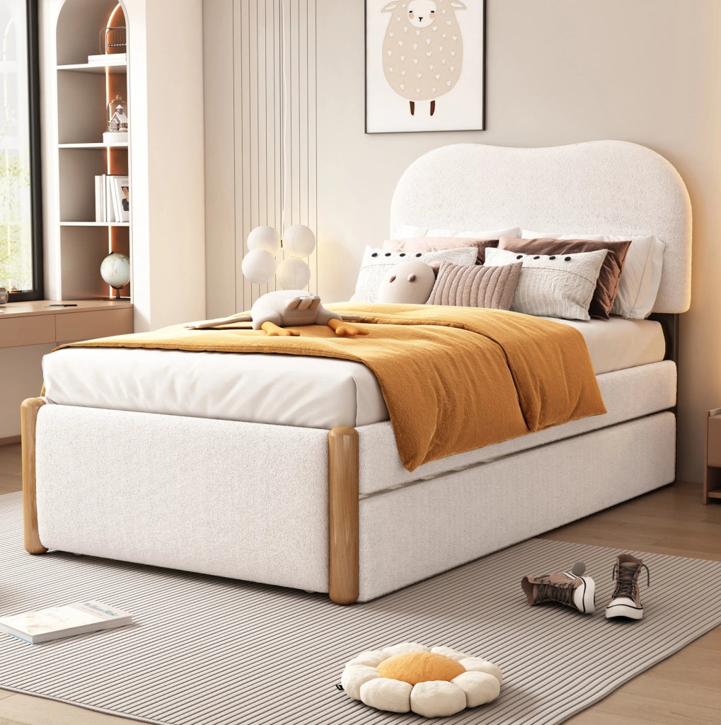 Letto imbottito 90x200 cm bianco con letto estraibile e design essenziale