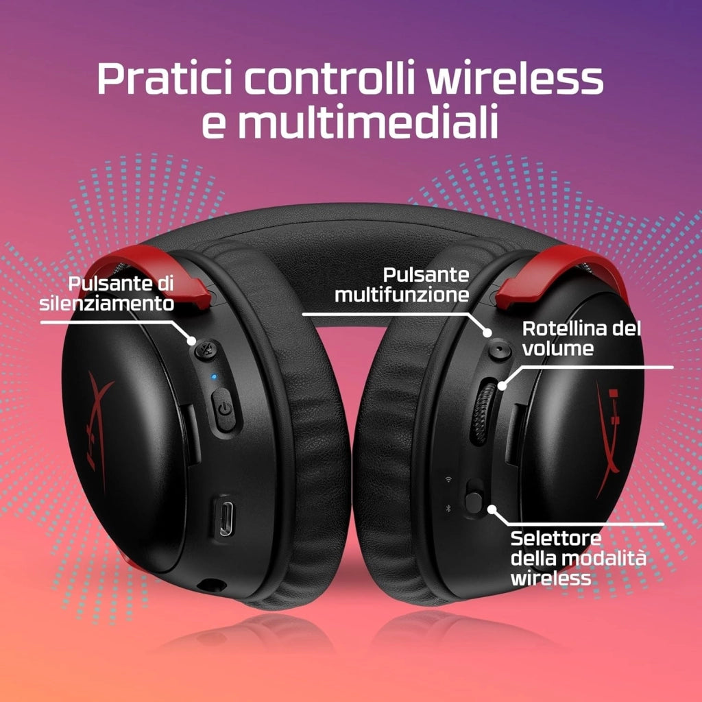Cloud III S Wireless, Cuffie Bluetooth, Audio 3D, Microfono Noise-Cancelling, Fino a 200 ore di Autonomia, Dongle USB-C, Compatibili con PC, PS5, Nintendo Switch, Nero