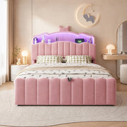 Letto imbottito per bambini 140x200 cm in velluto rosa con contenitore; LED e USB