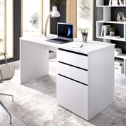 Scrivania Ardina, Scrittoio multiuso da ufficio o cameretta, Tavolo da studio lineare con 2 cassetti e 1 anta, 139x60h75 cm, Bianco