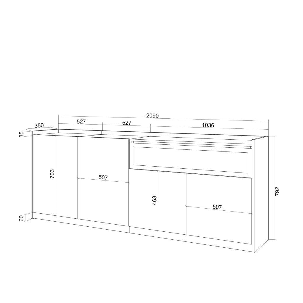 Credenza, Mobile, Cucina, 207x80x37 cm, 4 Porte, Camino elettrico, Bianco e Rovere soft