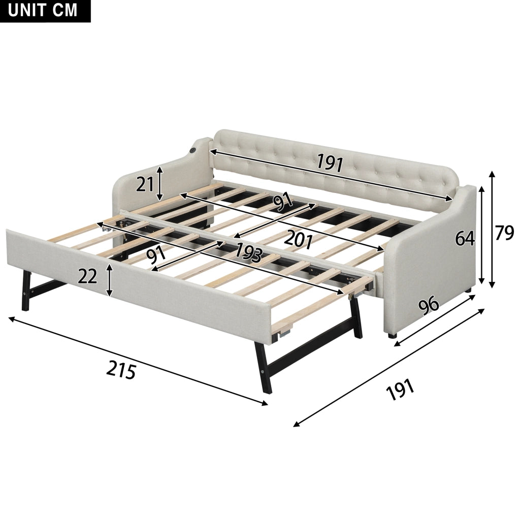 Divano letto estraibile 90x200 cm con porta USB; in lino beige