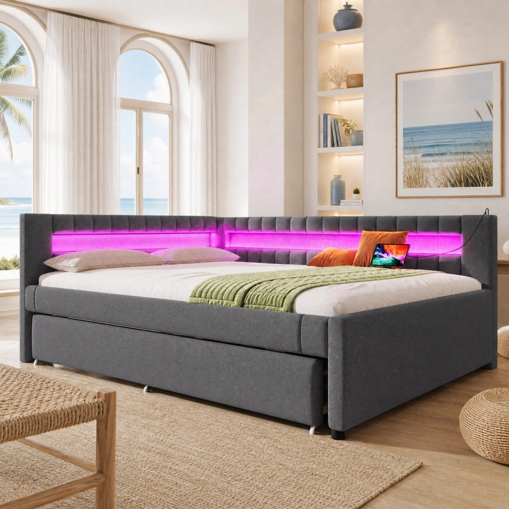 DESMIU Divano letto 140 × 200 cm 2 posti con LED, USB, Type-C e letto estraibile, senza materasso, grigio
