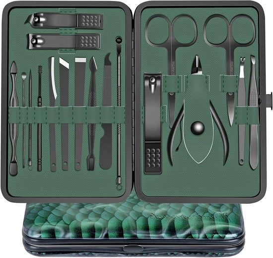Kit di manicure con 18 pezzi di taglieri professionale per cura dei piedi con attrezzi in acciaio inossidabile per uomo e donna con custodia in pelle PU per viaggi o uso domestico (verde)
