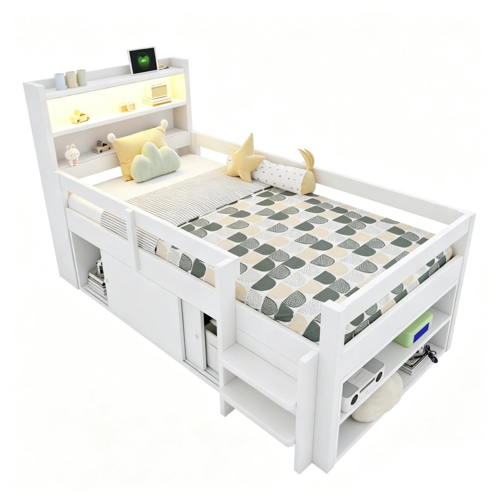 Letto a soppalco 90x200 cm con contenitore; LED e USB in legno bianco