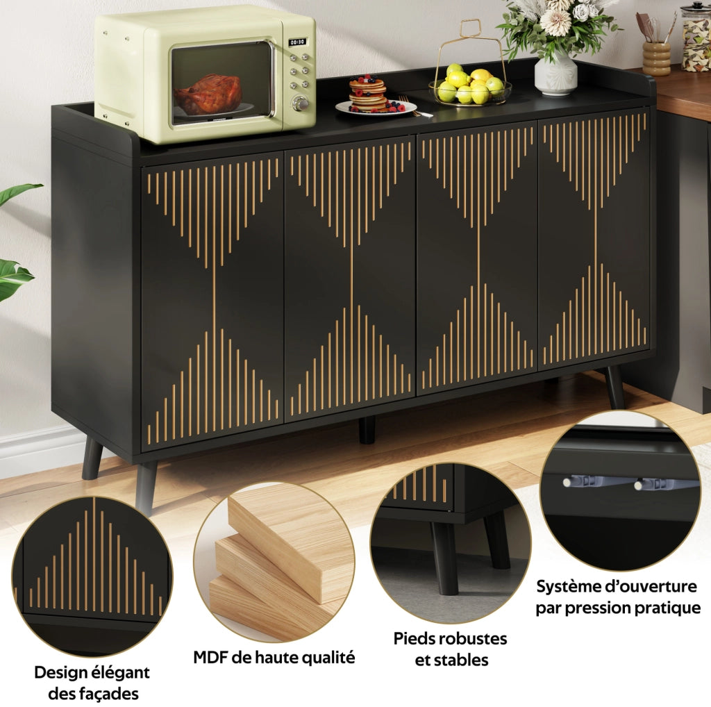 Credenza con 4 ante; ripiani regolabili e vano aperto; MDF; nera; 140 x 40 x 84 cm