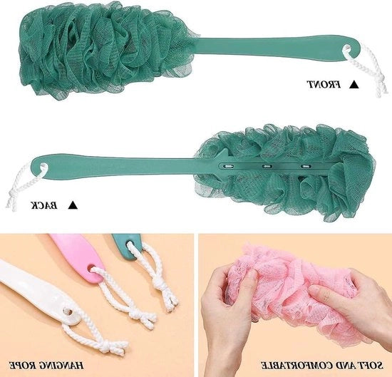 Set di 3 spazzole per doccia con spugna e manico in plastica con rete posteriore - colore a scelta (rosa, bianco, blu)