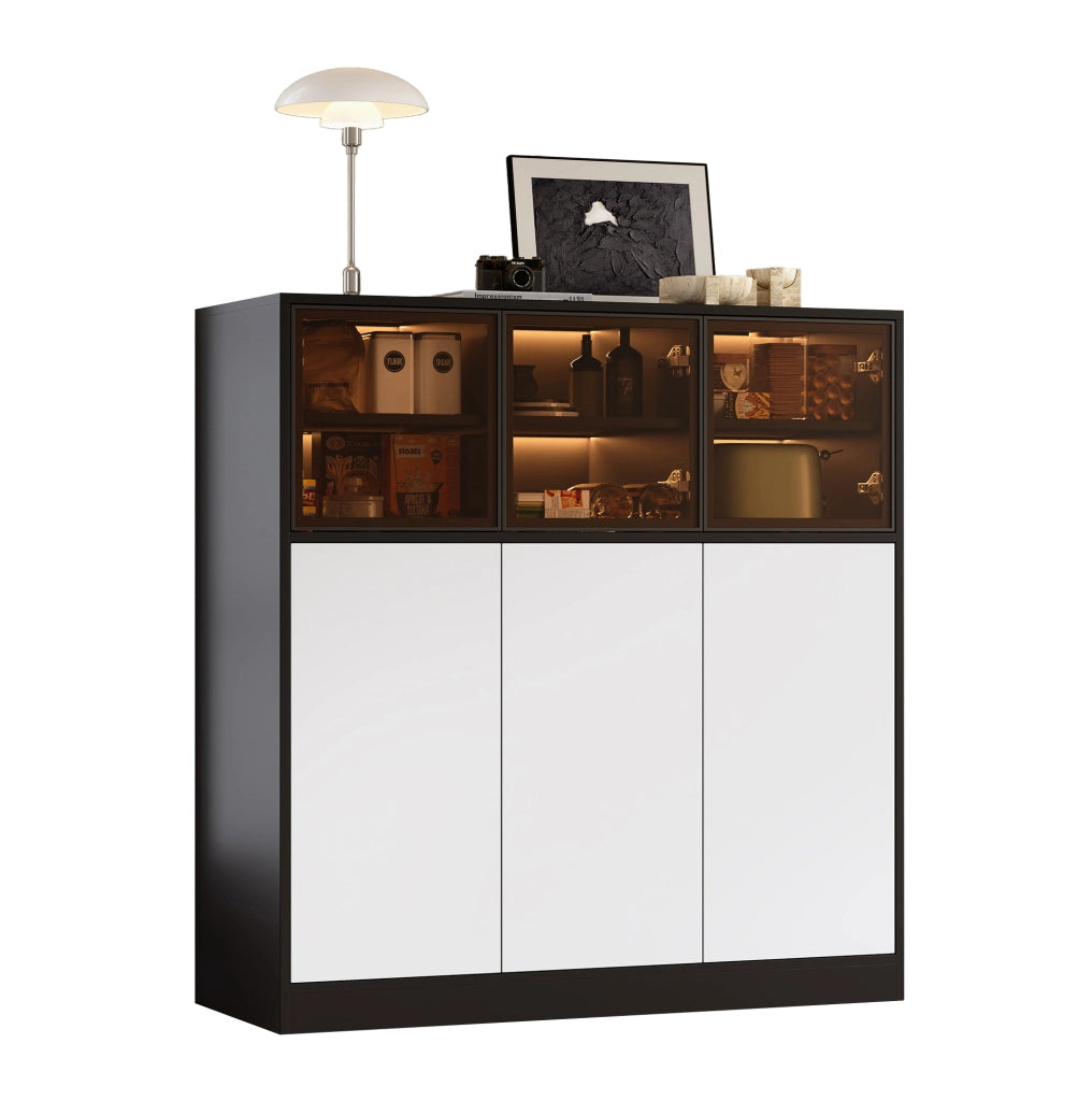 Credenza bicolore con LED, 6 ante e 14 vani, 100x40x105 cm