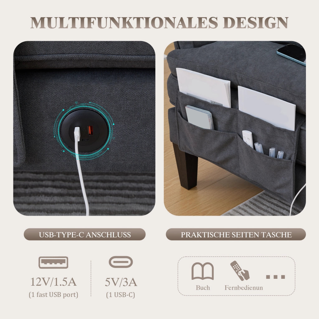 Divano panoramico a U 4 posti con tasche laterali e porte USB, in lino, grigio scuro
