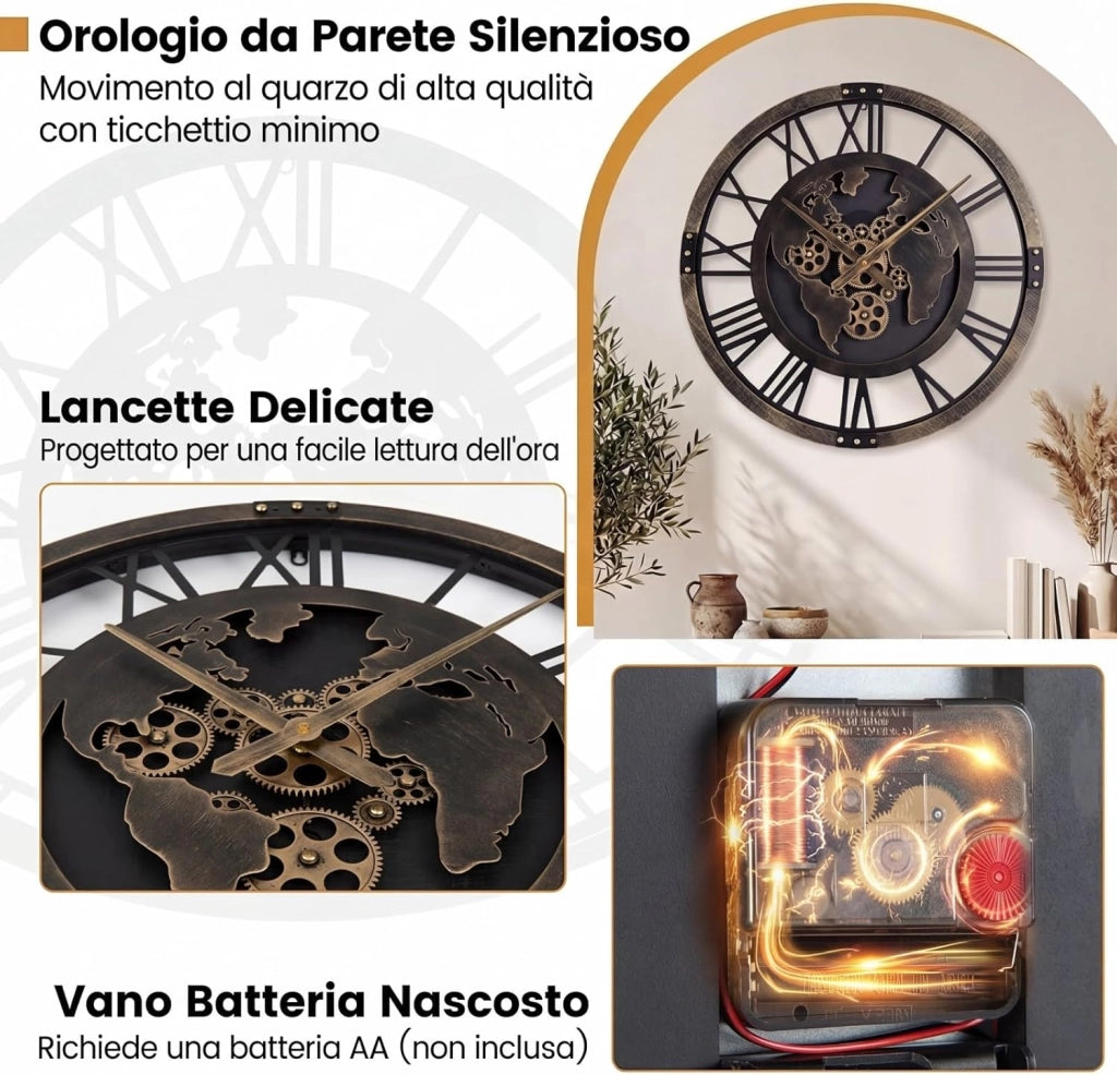 Grande Orologio da Parete 68 cm, Orologio a Ingranaggi con Mappa del Mondo, Orologio in Metallo Decorativo Silenzioso con Ingranaggi Mobili, per Soggiorno Camera da Letto Cucina