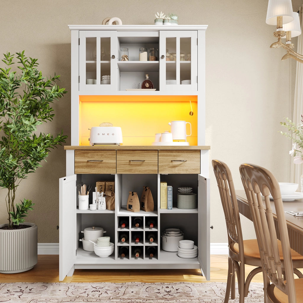 Credenza con Vetrina e LED ¨C MINIMAL ¨C Legno, Ripiani Regolabili, Cassetto, 106x40x179.5