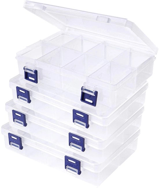 Opacchette per magazzino 4 pezzi - Scatola di archiviazione con 8 compartimenti - Disposizione regolabile - Translucida - Dimensioni compatte 20x13,2x4,5 cm - Ideale per piccoli componenti - Scatola di archiviazione