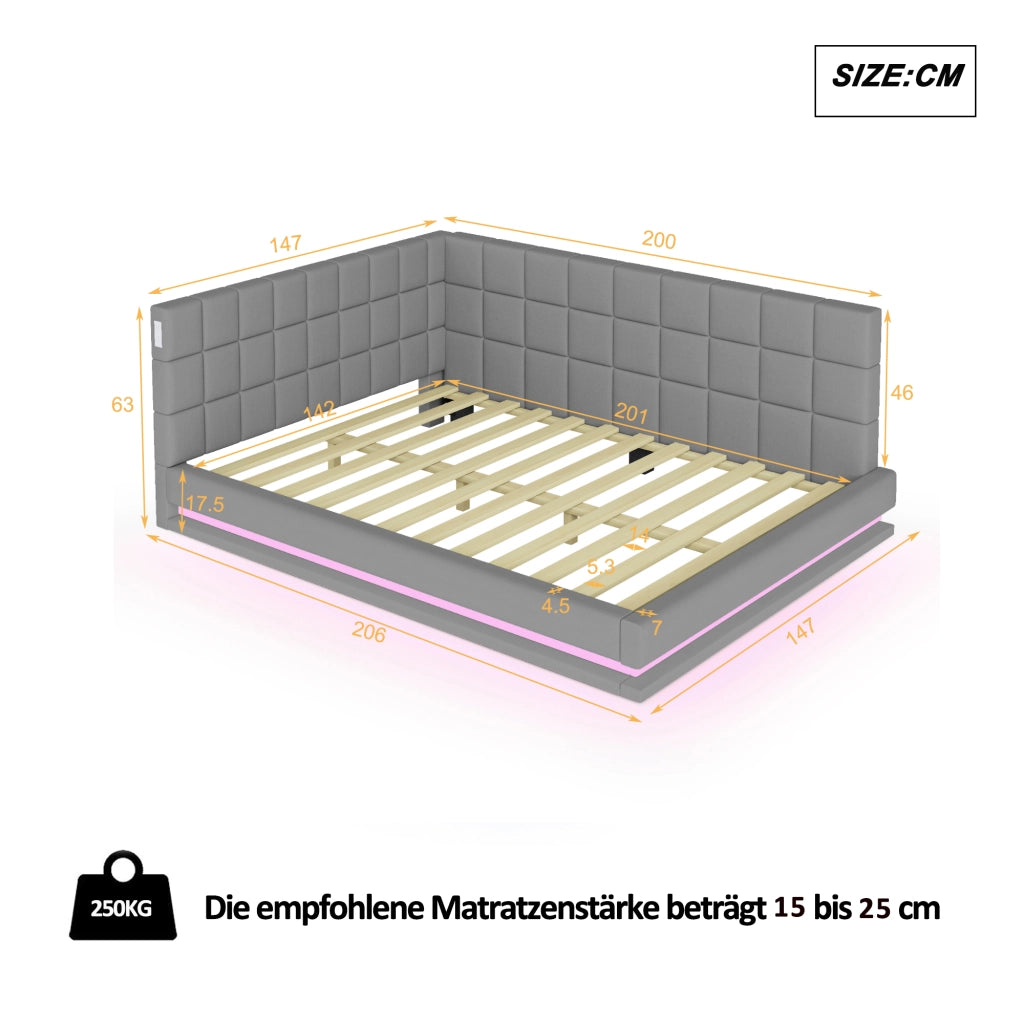Letto imbottito matrimoniale 140×200 cm con LED; USB e rete a doghe; senza materasso; grigio