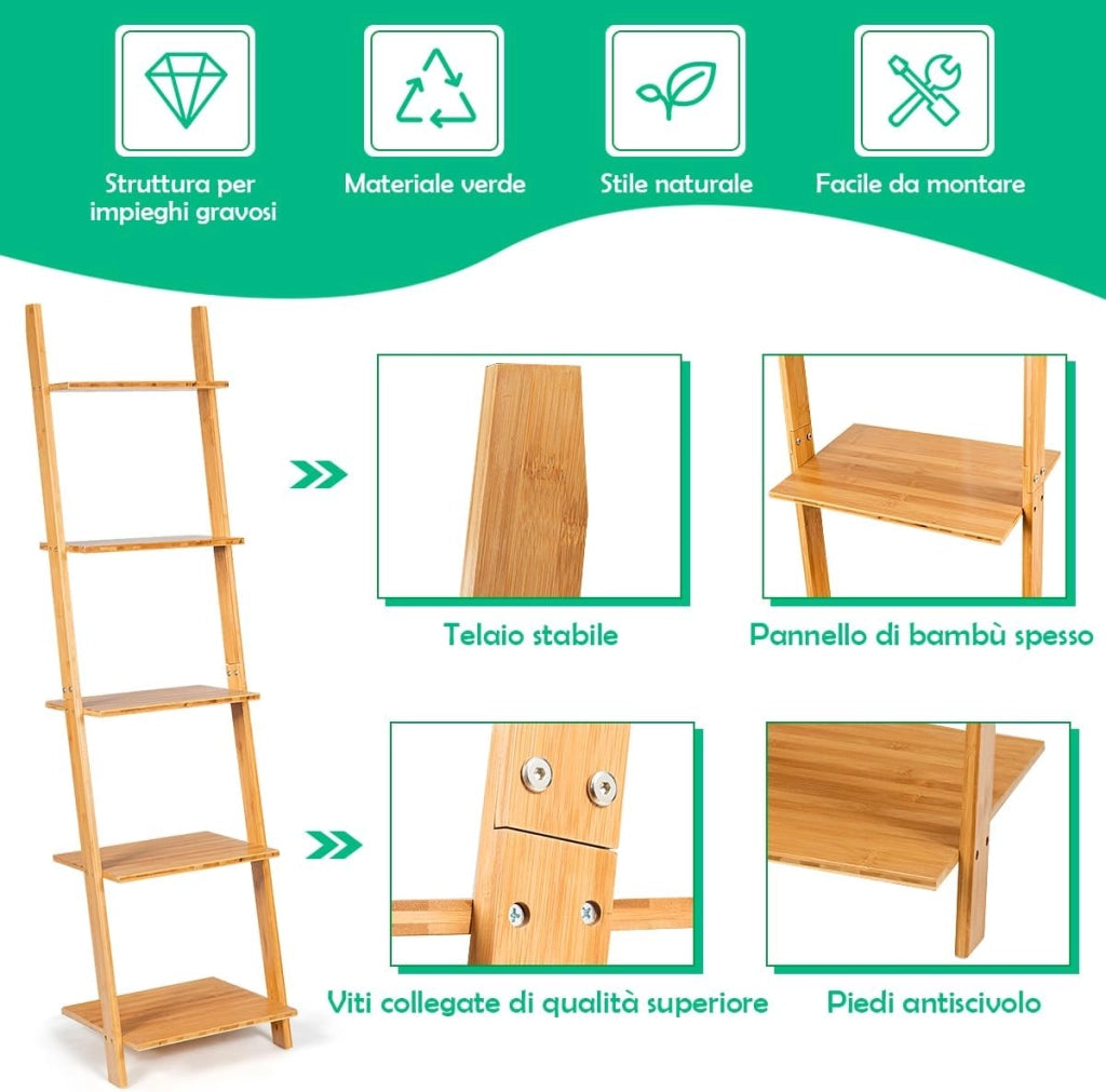 Scaffale a Scala con 5 Ripiani, Libreria Moderna in Bambù con Ripiani Aperti, Libreria a Parete Multiuso per Soggiorno Cucina Ufficio, 43x35,5x165 cm
