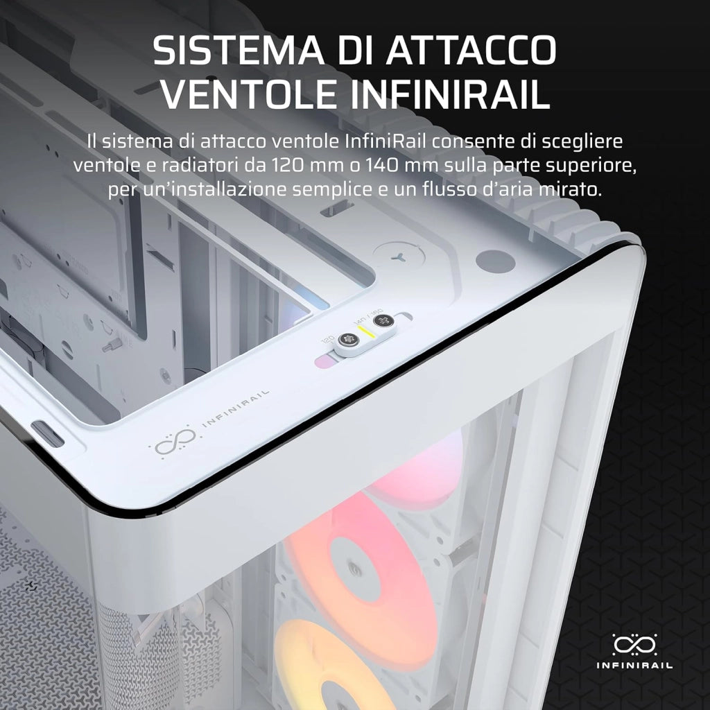 FRAME 4500X RS-R ARGB Case Mid-Tower per PC con Vetro Panoramico – Sistema di Montaggio InfiniRail, Adatto a Due Radiatori da 360 mm, Anti-Sag della GPU, Include 3 Ventole RS120R – Bianco
