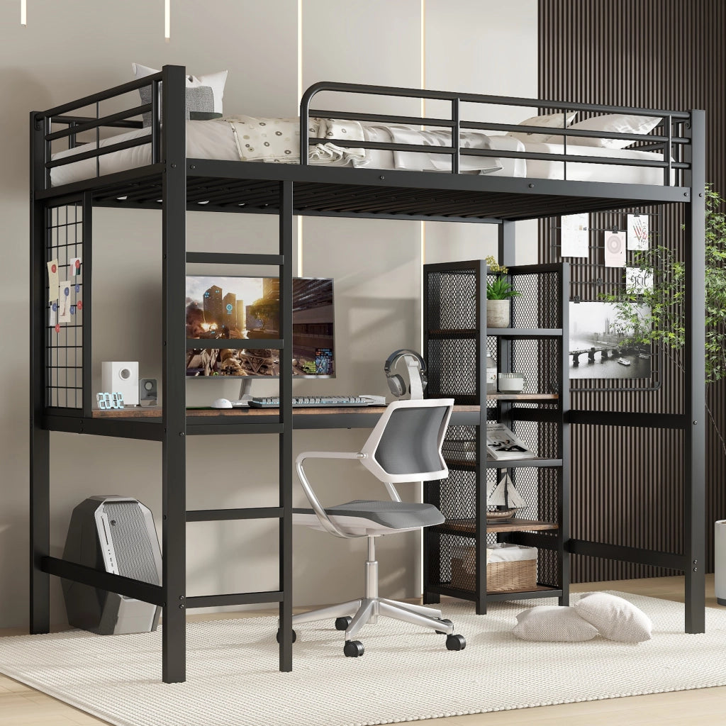 Letto a castello nero e noce scuro con scrivania e scaffali in metallo e MDF 90x200 cm