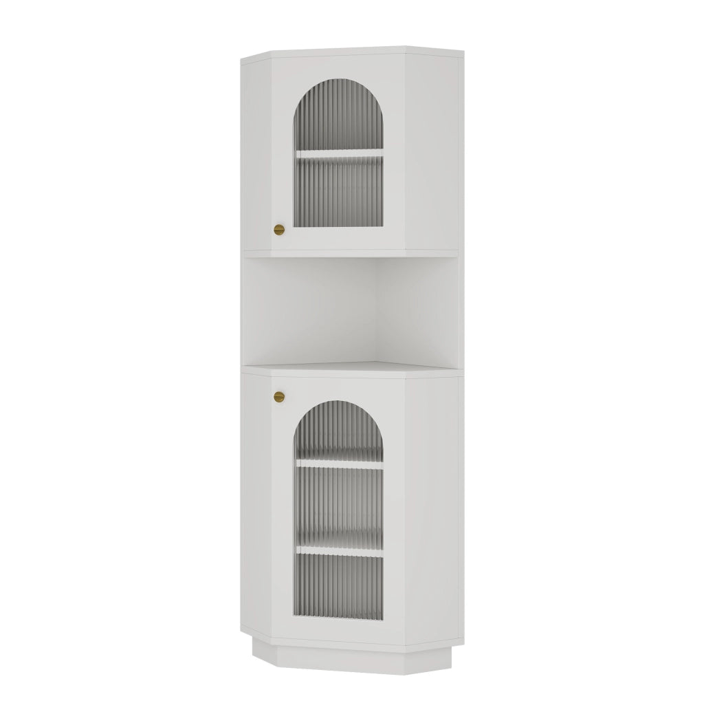 Armadietto ad angolo con luce interna e ripiani aperti in MDF bianco