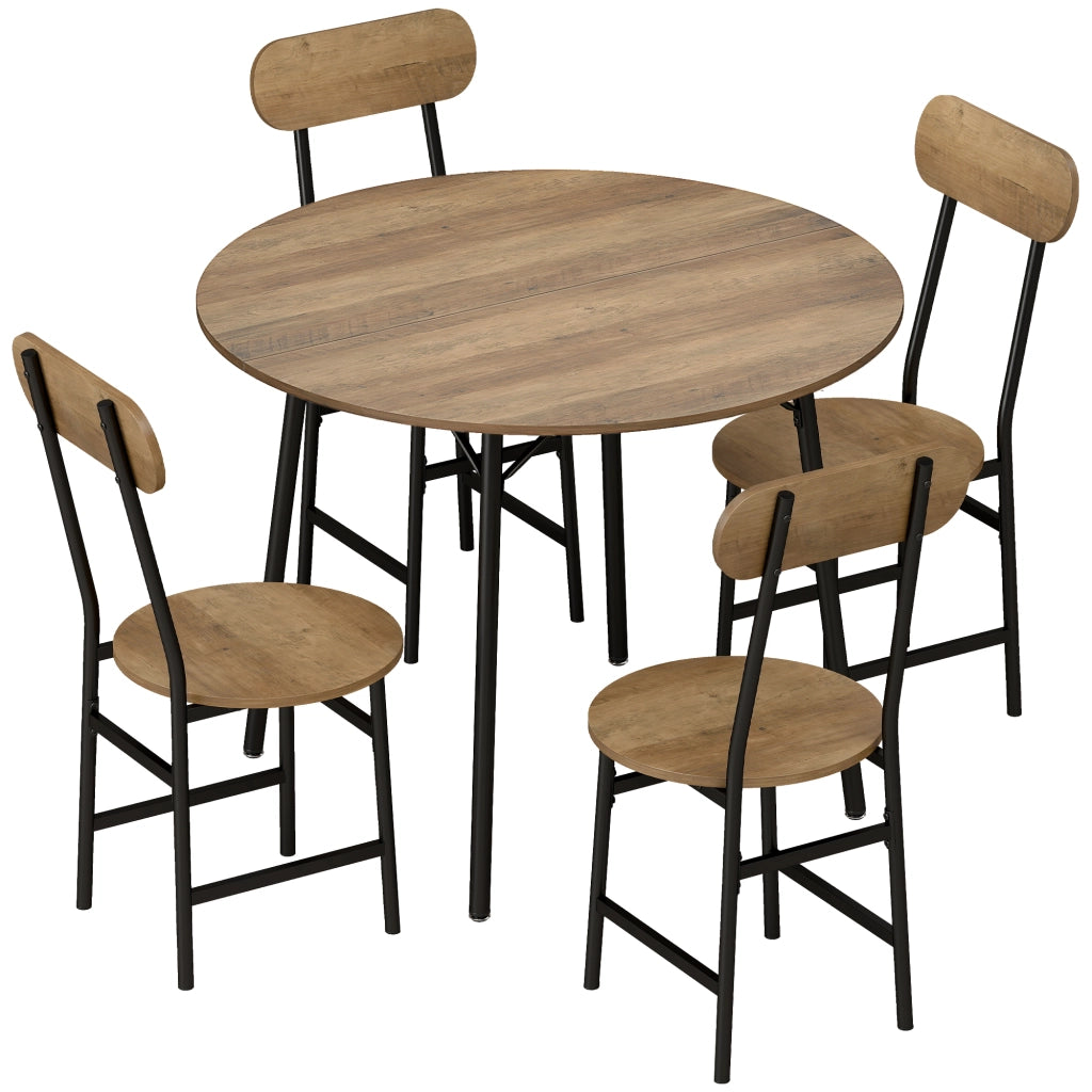 Set Pranzo 5 Pezzi Tavolo Ø100x77 cm e 4 Sedie 42x52x88 cm con Gambe Metallo Color Legno
