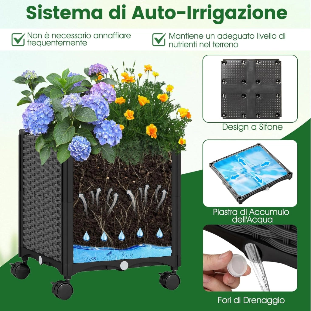 Arco da Giardino con 2 Fioriere Auto-irriganti e Ruote, Supporto per Piante in Metallo Rivestita PE Antiruggine, Grande Arco per Viti e Rose da Matrimonio all'Aperto (Grigio)