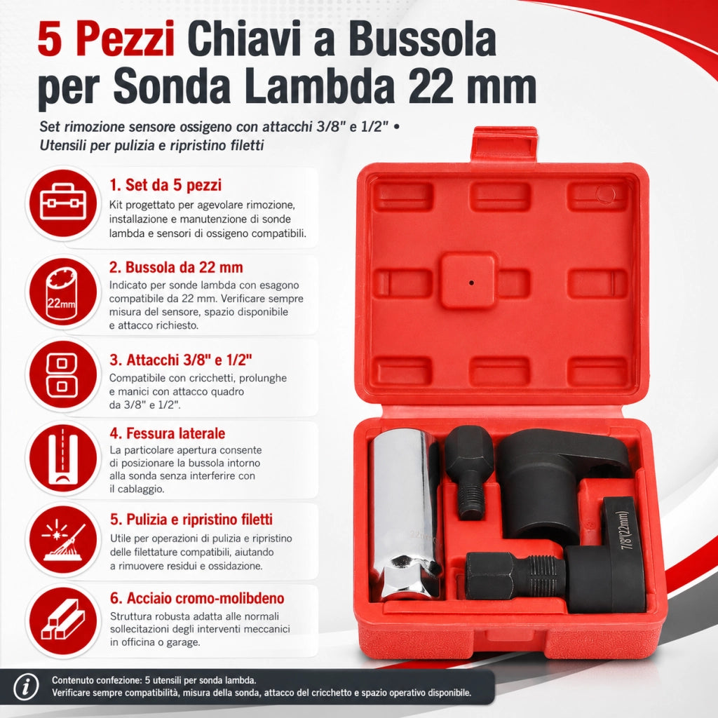 Set di 5 Chiavi per Sonde Lambda 22mm con Attacco da 3/8" e 1/2"