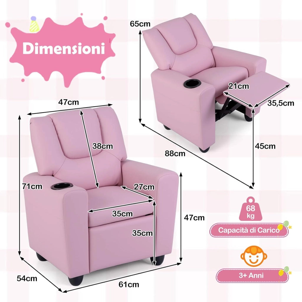 Poltrona Reclinabile per Bambini, Sedia Reclinabile con Porta Bicchiere e Poggiapiedi Regolabile, Poltroncina per Soggiorno e Sala Giochi, Poltrona Divano per Ragazzi 3+ Anni (Rosa)