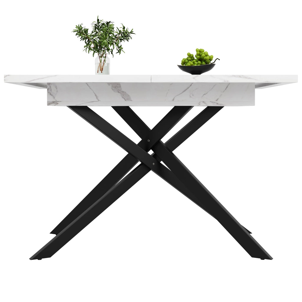 Tavolo da Pranzo Allungabile Effetto Marmo ¨C MINIMAL ¨C Piano Bianco, Gambe in Metallo Nero, 120-160 cm