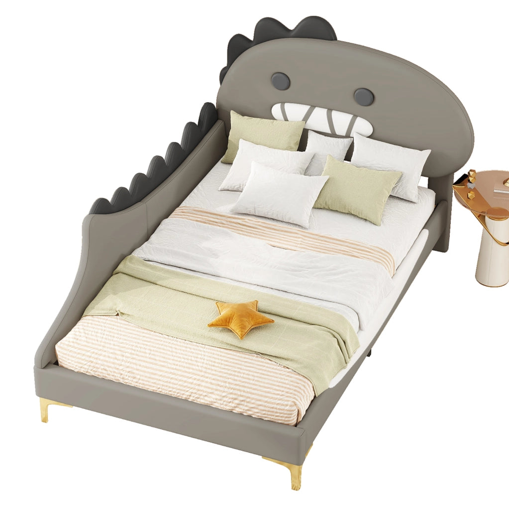 Letto per bambini 90x200 cm; forma dinosauro; PU e MDF; grigio