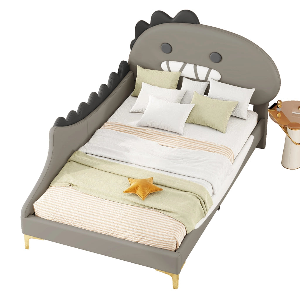 Letto per bambini 90x200 cm; forma dinosauro; PU e MDF; grigio