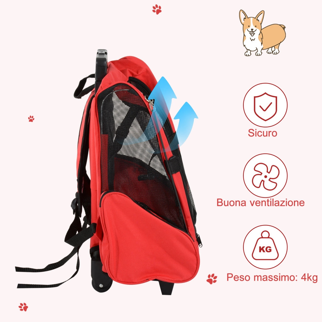 Trasportino Zaino 2 in 1 per Cani e Gatti con Tasche e Ruote ¨C zephmum ¨C 42x25x55cm Rosso