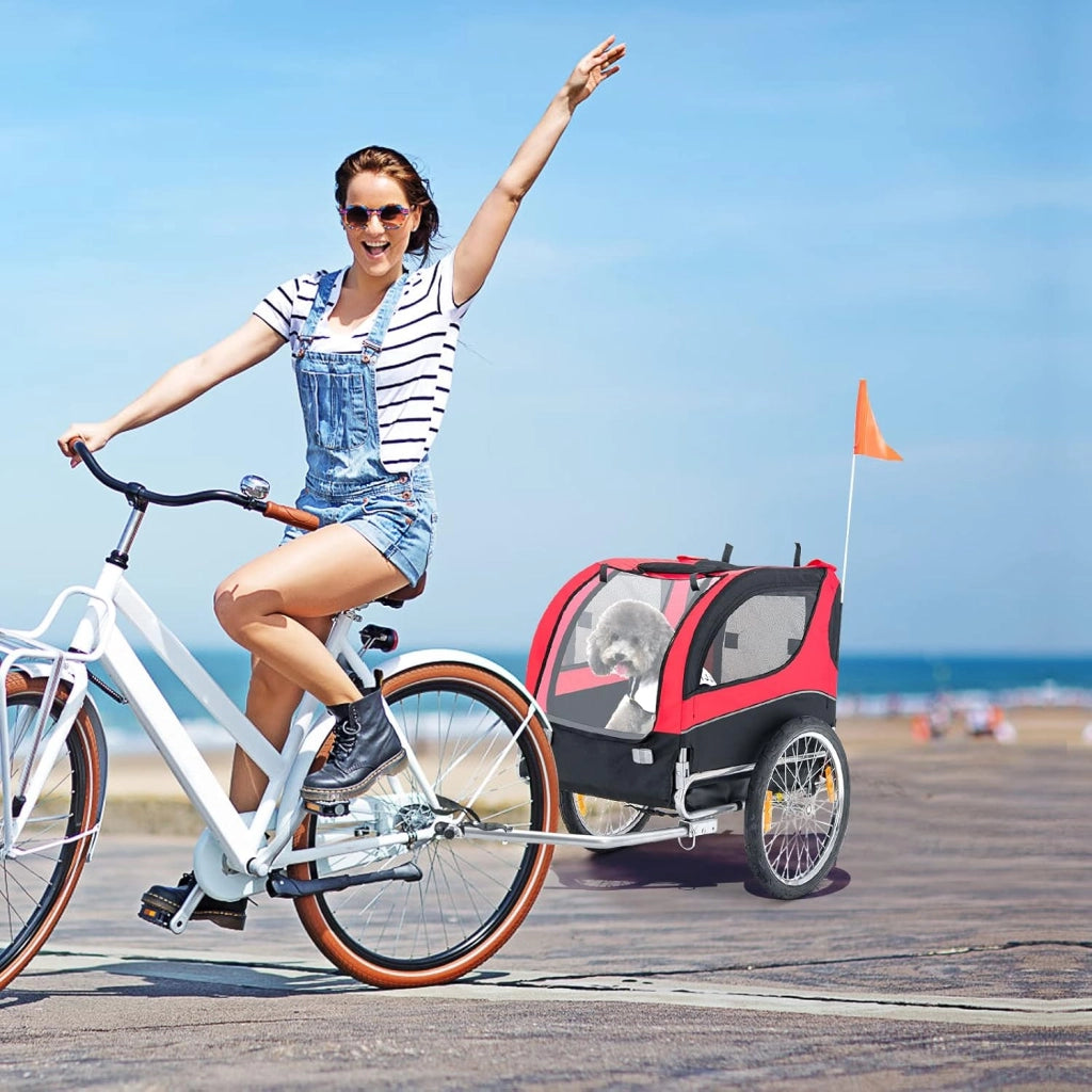 Rimorchio Bici per Animali, Carrello per Bicicletta per Cani di Piccola e Media Taglia con Ruote da 50cm e Tettuccio Apribile, Portata 40 kg, 60,5 x 135 x 95 cm (Rosso)