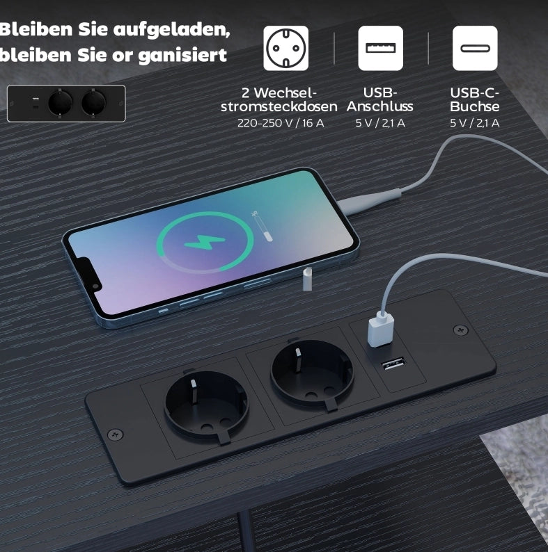 Tavolino da Divano con Prese AC; USB-A e USB-C; 2 Cassetti; 40x30x60 cm Nero