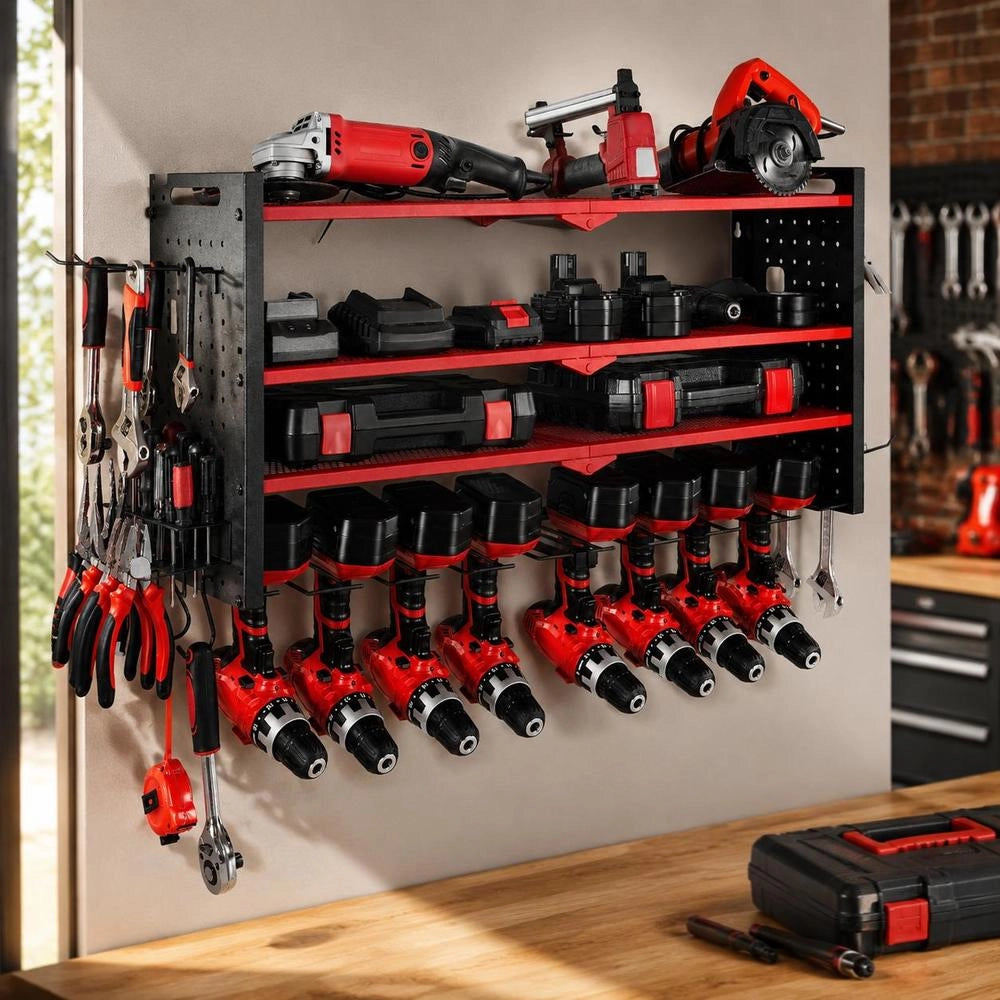 Tool Storage Wall Mount, 4-tier Storage Rack With 8 Drill Bit Holders, Tool Holder With Side Pegboards, Tool Organizer For Garage, Workbench & Workshop, Red