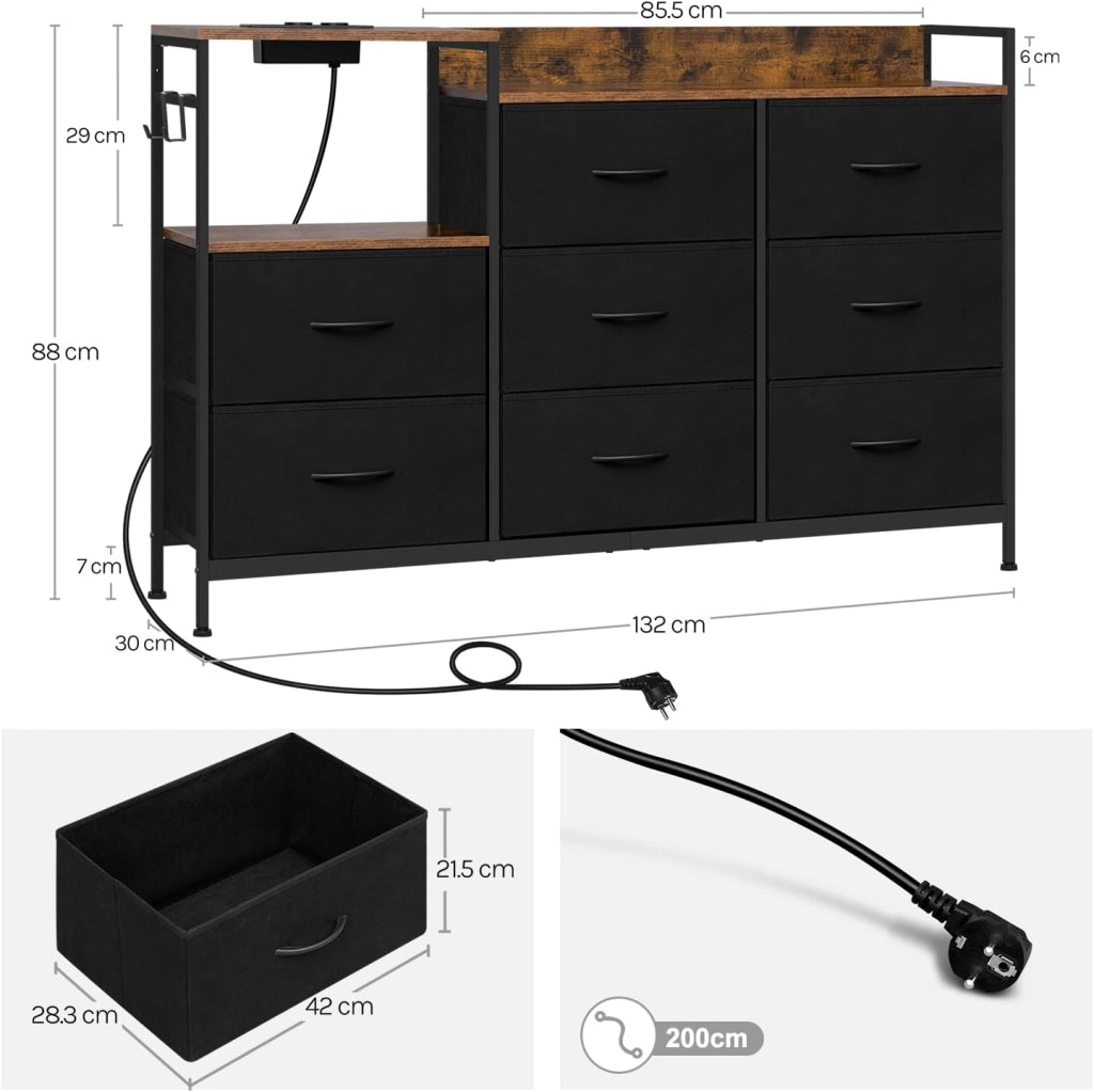 Cassettiera a 8 Cassetti in Tessuto, Cassettiera per Camera da Letto, con Sezione di Ricarica e Ganci, Piani Legno e Struttura in Metallo, Marrone Rustico+Nero