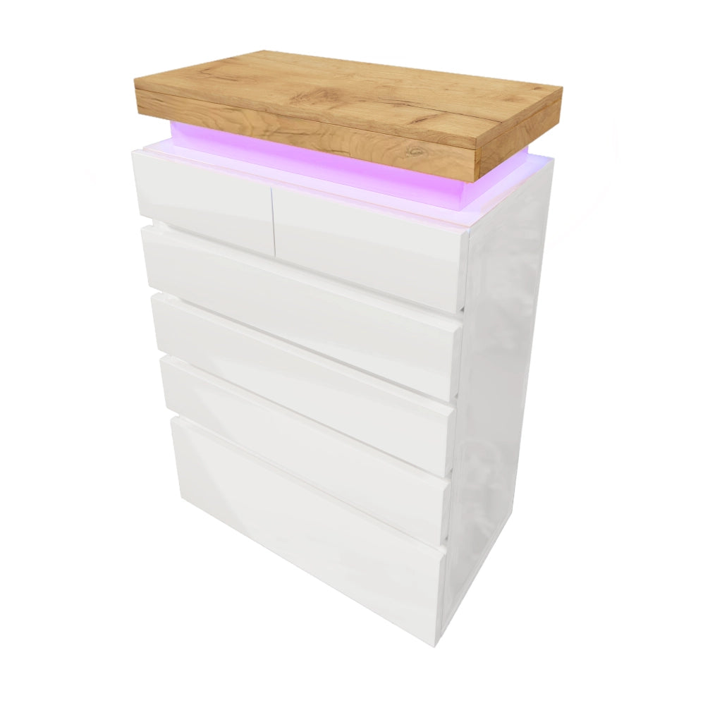 OKWISH Comò con 6 Cassetti e LED, Controllo Tramite App e Touch, per Camera da Letto o Soggiorno, Bianco, 73 x 39 x 115 cm