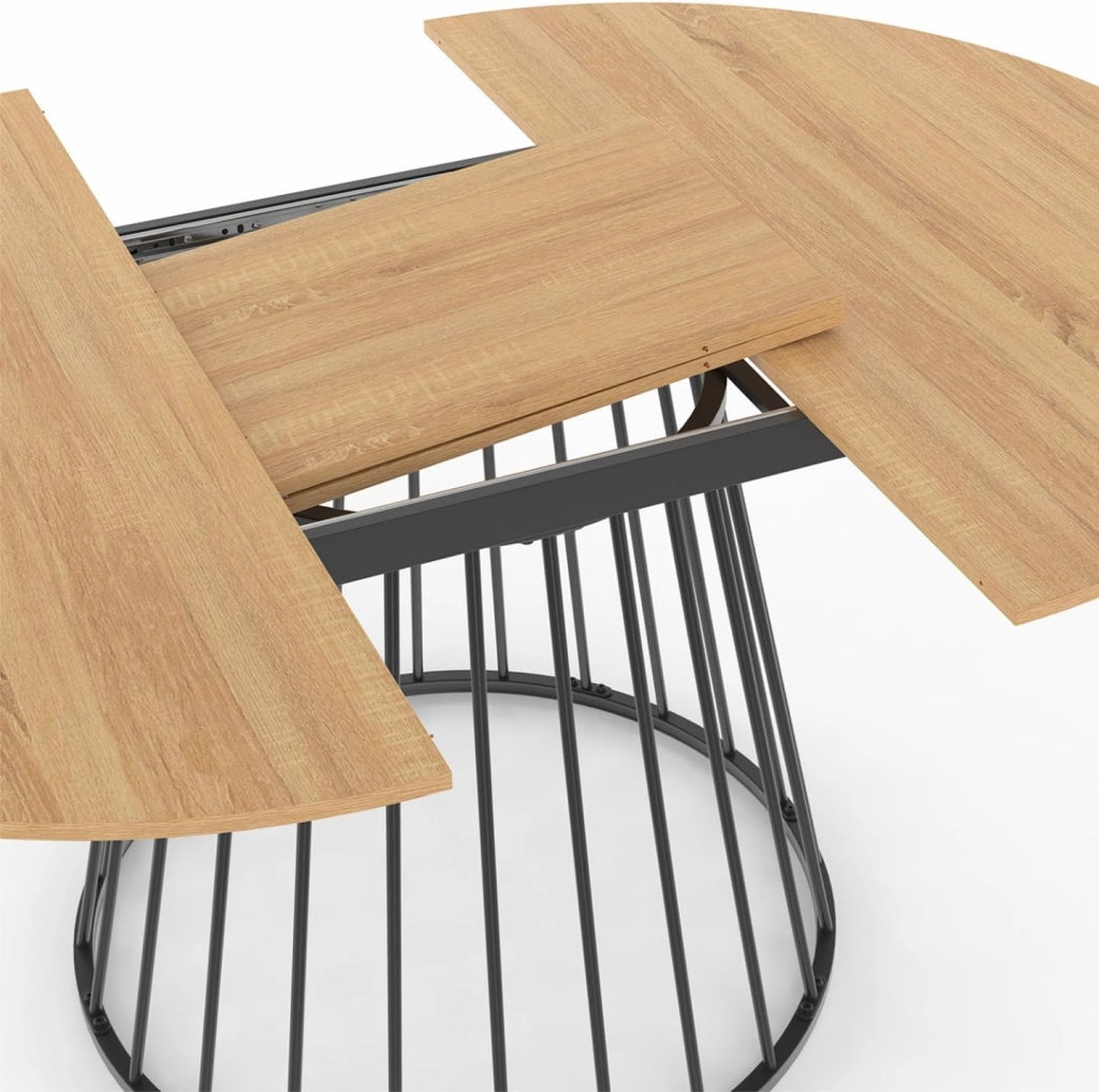 Tavolo da pranzo rotondo allungabile YUNA 4-8 persone con piano in legno e gamba in filo metallico nero 110-150 cm