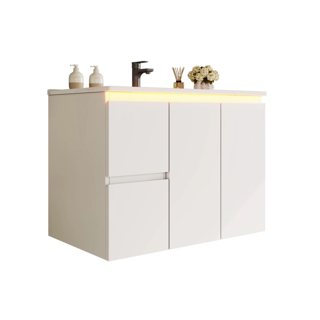 Mobile bagno sospeso con 2 cassetti; 1 mobile a 2 ante; LED e lavabo integrato per bagno; 76×47×57 cm; bianco