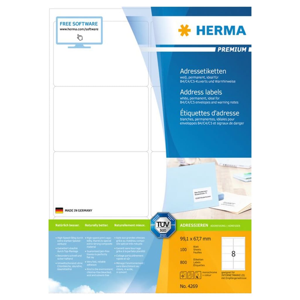 HERMA Etichette per Indirizzo Permanenti A4 99,1x67,7 100 Fogli Bianco 443771