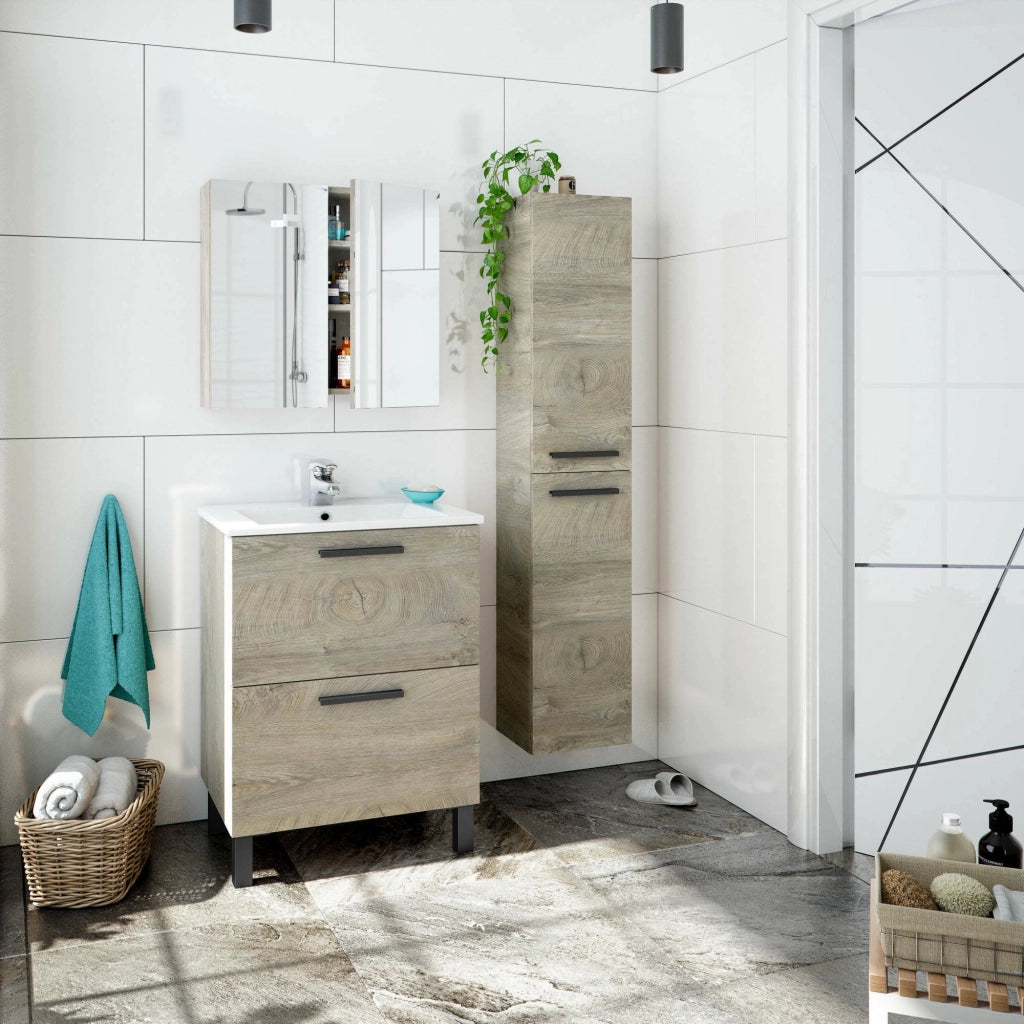 Colonna Bagno Notte, Mobile a colonna per bagno a 2 ante, Armadio pensile sospeso con 2 ripiani, cm 30x25h150, Rovere