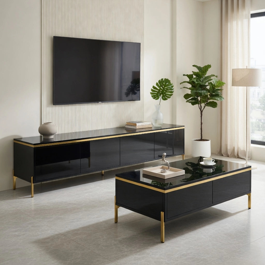 Cassettiera per TV nera in truciolato; lunghezza 170 cm