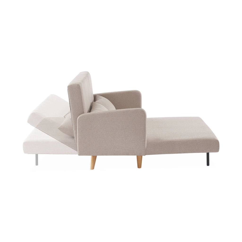 Divano letto clic-clac in tessuto con gambe in legno, 2 posti, beige
