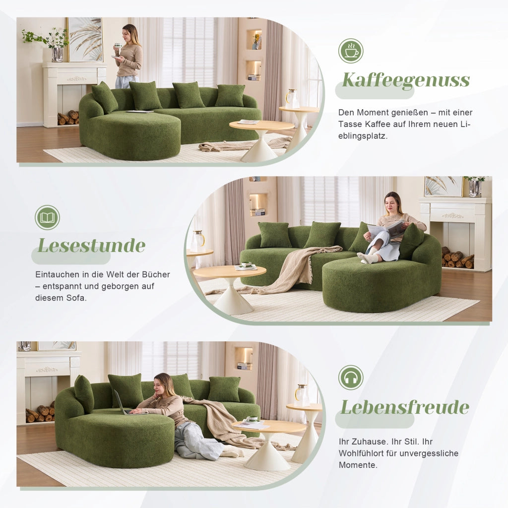 Divano modulare angolare con chaise longue sinistra e 2 posti; montaggio senza attrezzi in chenille verde