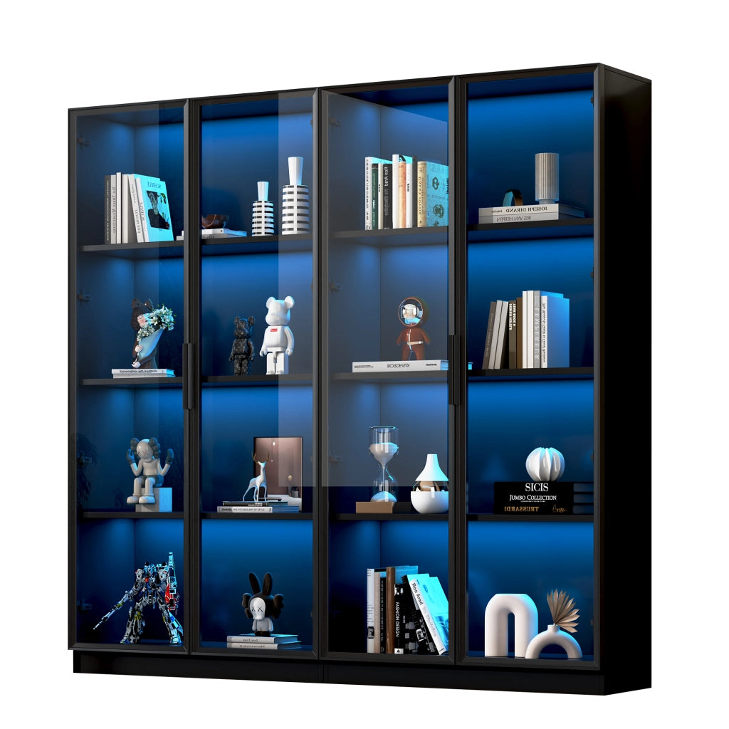 Vetrina con 4 Ante in Vetro e Telaio in Alluminio; LED Controllato via App; Ripiani Regolabili; Stile Moderno; in Truciolare; Nero